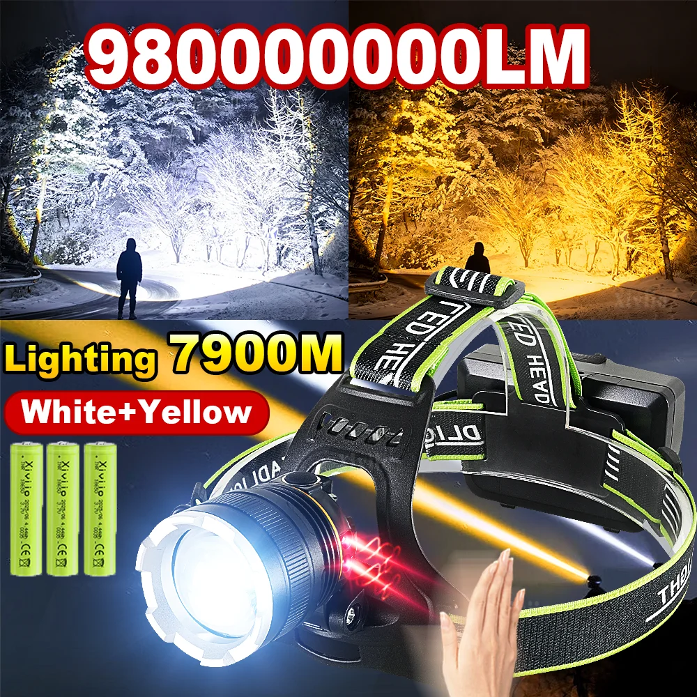 

98000000LM Самый мощный налобный фонарь белого/желтого света Перезаряжаемая светодиодная фара 7900M Мощный налобный фонарик Рыболовный фонарь, супер яркий налобный фонарь дальнего действия, тактический налобный фонарь