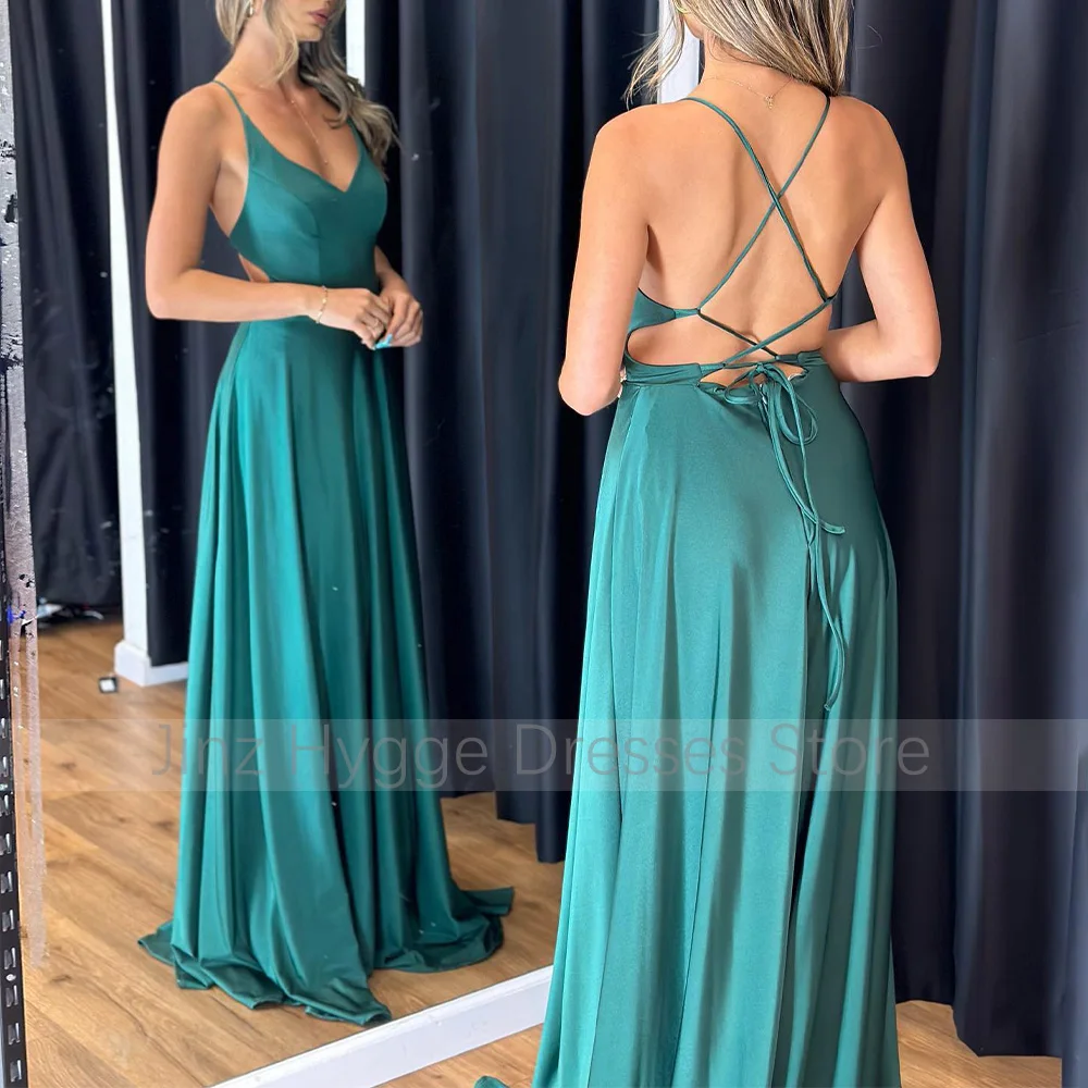 Turkusowe sukienki na studniówkę Spandex Spaghetti Straps A Line Sexy Prom Gowns for Women 2025 V Neck Split Backless Simple Evening Dress