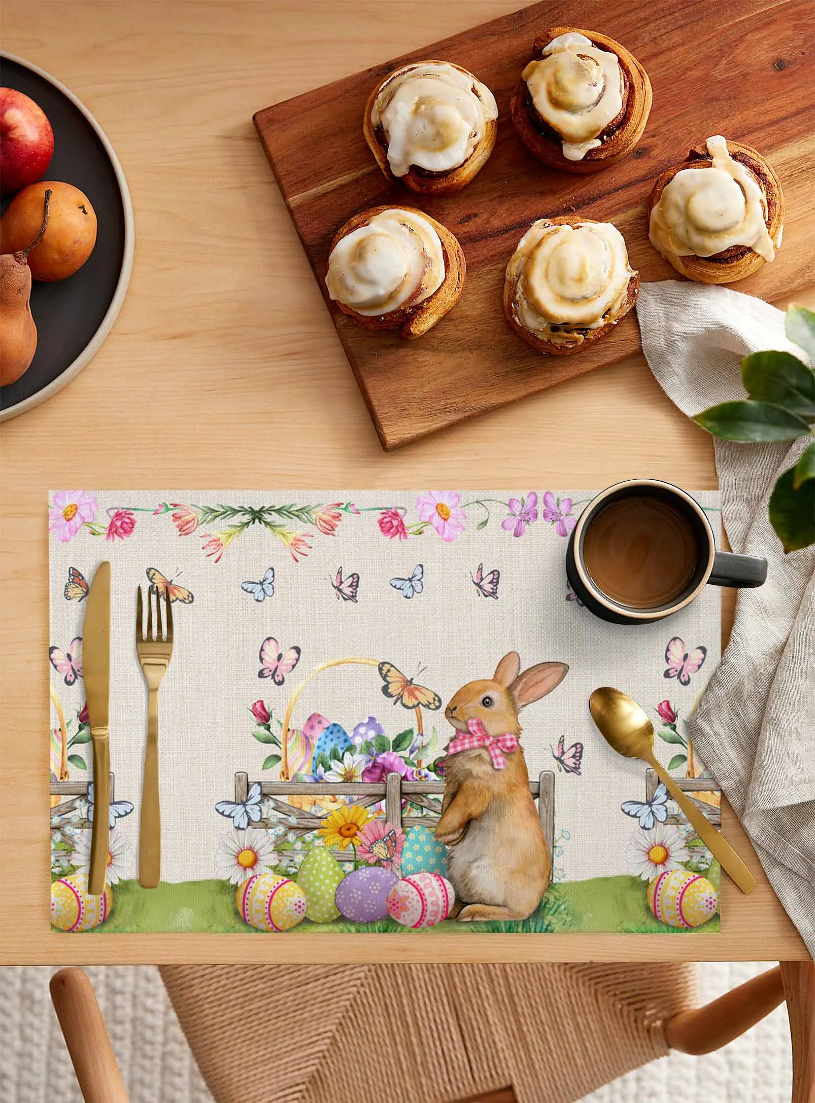 Easter Spring Flower Easter Egg Rabbit Kitchen Dining Table Decor Accessories 4/6pcs Placemat Heat Resistant Tableware Mat