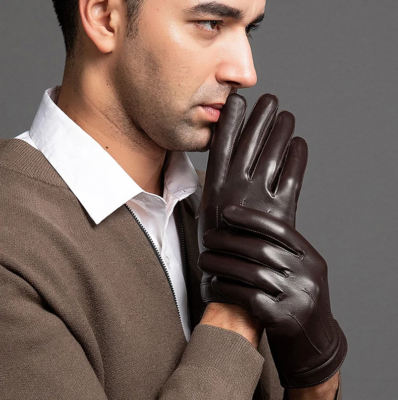 New 2022 Spring Gloves Men Real Leather Gloves Touch Screen Black Real Sheepskin Thin Warm Driving Gloves