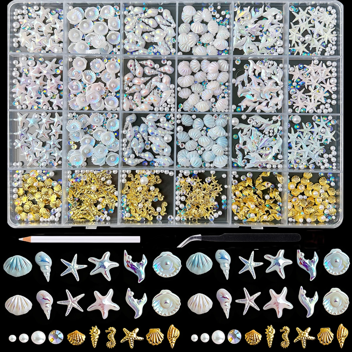 1Box 3D Creative Sea Star Shell Tail Resin Nail Art Accessories Mini Gold Seahorse Conch Thin Flakes Alloy Nail Charms DIY Nails view 2