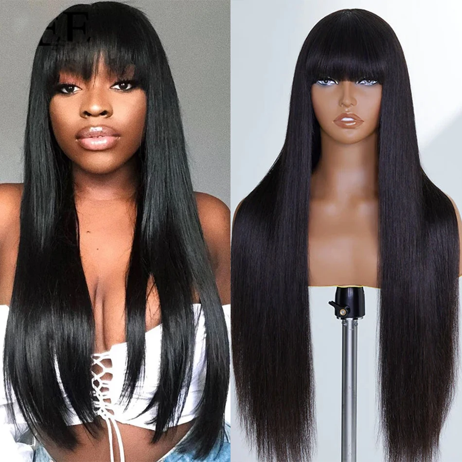 Malaysian Straight Remy Human Hair Wig With Bangs Machine Made Sew In Wig Human Hair Natural Color For Women Wigs Wholesale