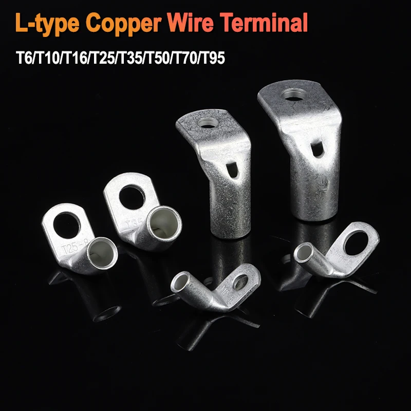 L-type T6/T10/T16/T25/T35/T50/T70/T95 Crimp Wire Terminal Tinned Copper Right Angle 90° Bend Nose Connector Battery Cable Lugs