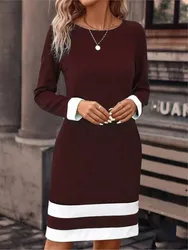 Women's Clothing Autumn Winter New Fashion Tight Fitting Color Blocked Dress Long Sleeved Round Neck Casual Women's Clothing