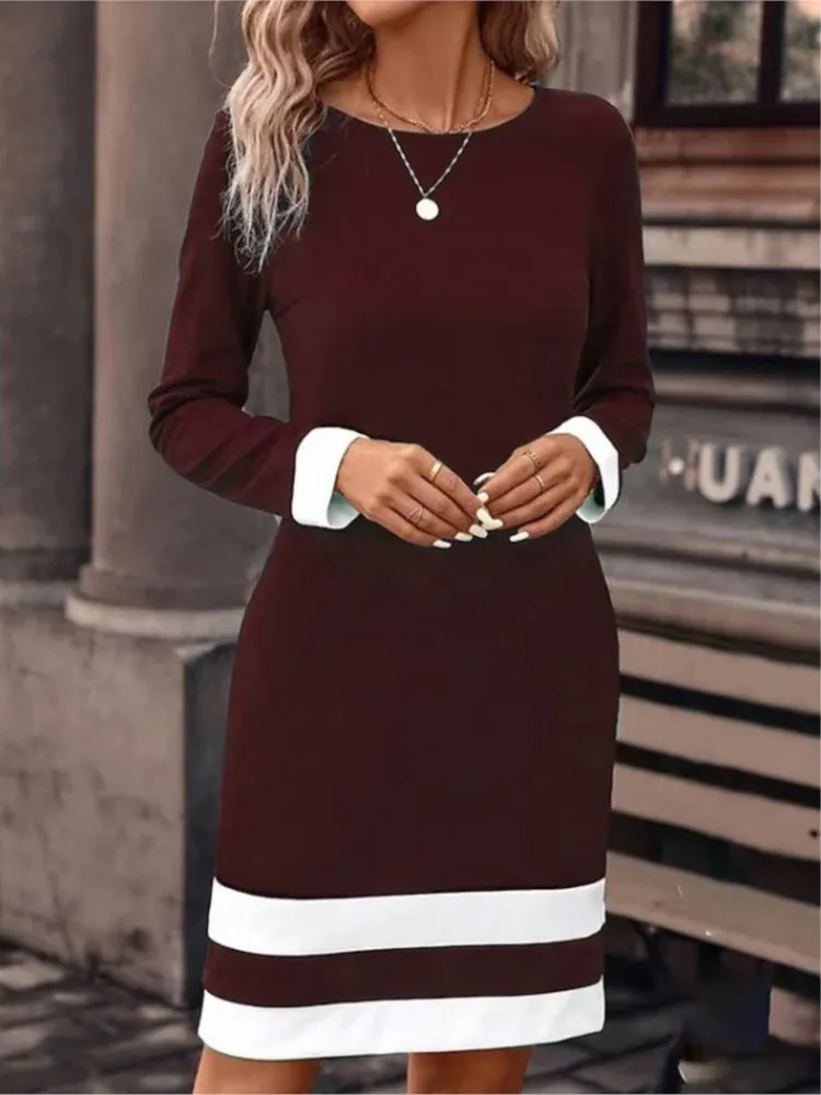 Women's Clothing Autumn Winter New Fashion Tight Fitting Color Blocked Dress Long Sleeved Round Neck Casual Women's Clothing