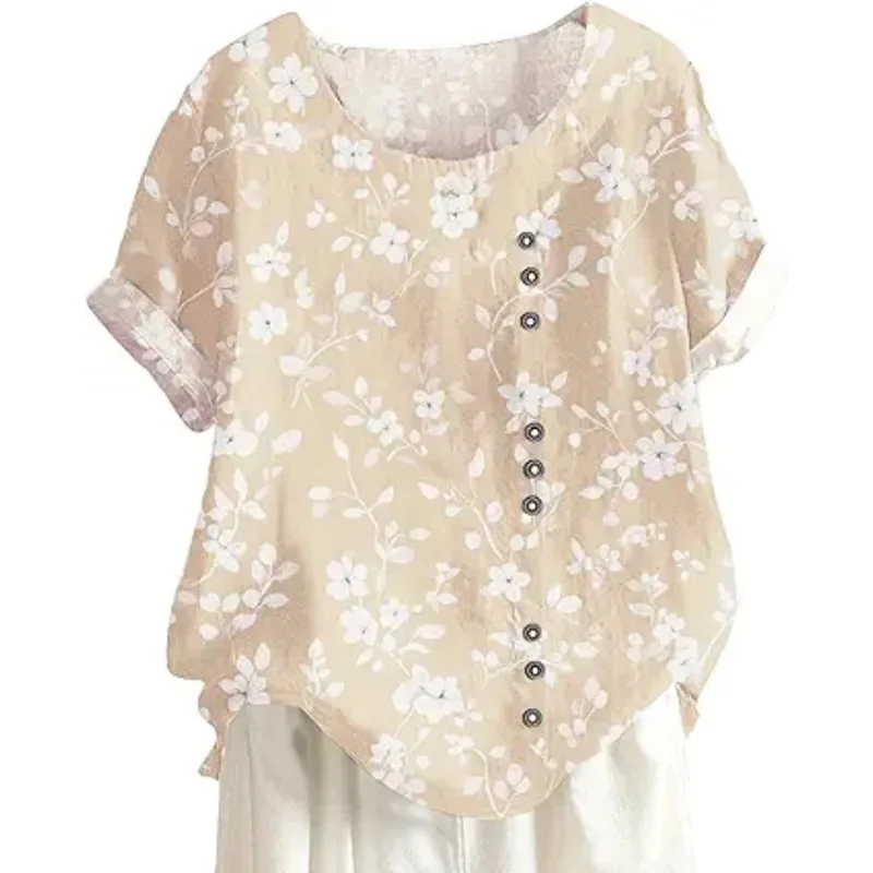 

Summer Pastoral Small Fresh Female Crew Neck Short Sleeve Flower Pattern Shirt Cotton Linen Top Casual Women's Shirt