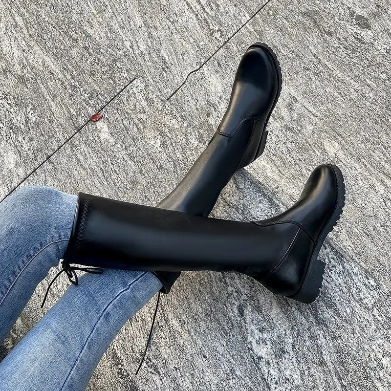 Buty damskie Czarne Buty Dla Kobiety Z Sznurowadłami Obuwie Sznurowane Długie Zimowe Kolana Wysoki Wałek Średni Obcas Szykowny Punkt Gorąca Oferta Pu