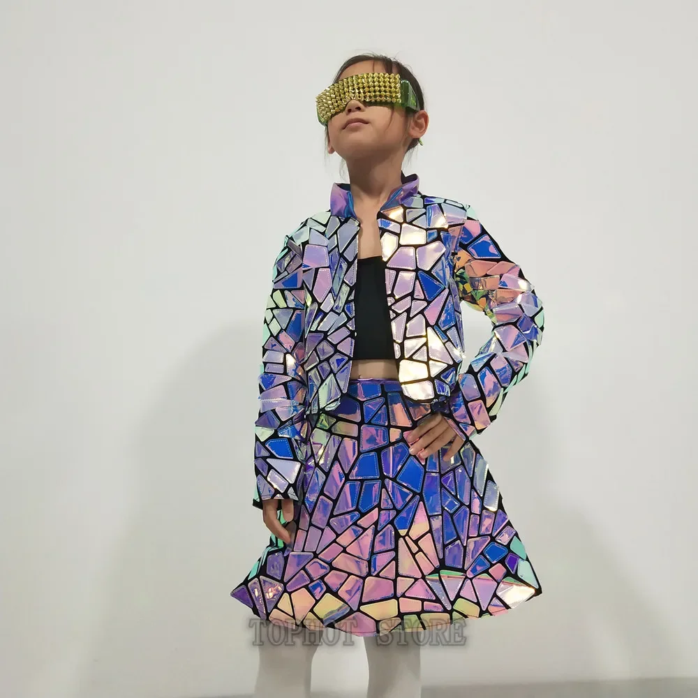 Hip Hip Jazz Dance Team Costume da spettacolo per ragazze Bambini Street Dance Party Festival Outfit Set gonna cappotto con paillettes laser viola