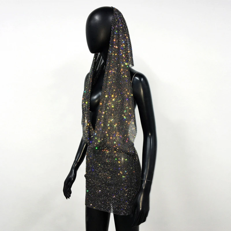 Damen Strass-Netzkleid mit Kapuze, sexy Kristall-Fischnetz-Zweiteiler-Set, Rock-Set für Nachtclub, Party, Festival, Rave-Outfits, Kleid für Damen – Detail 7