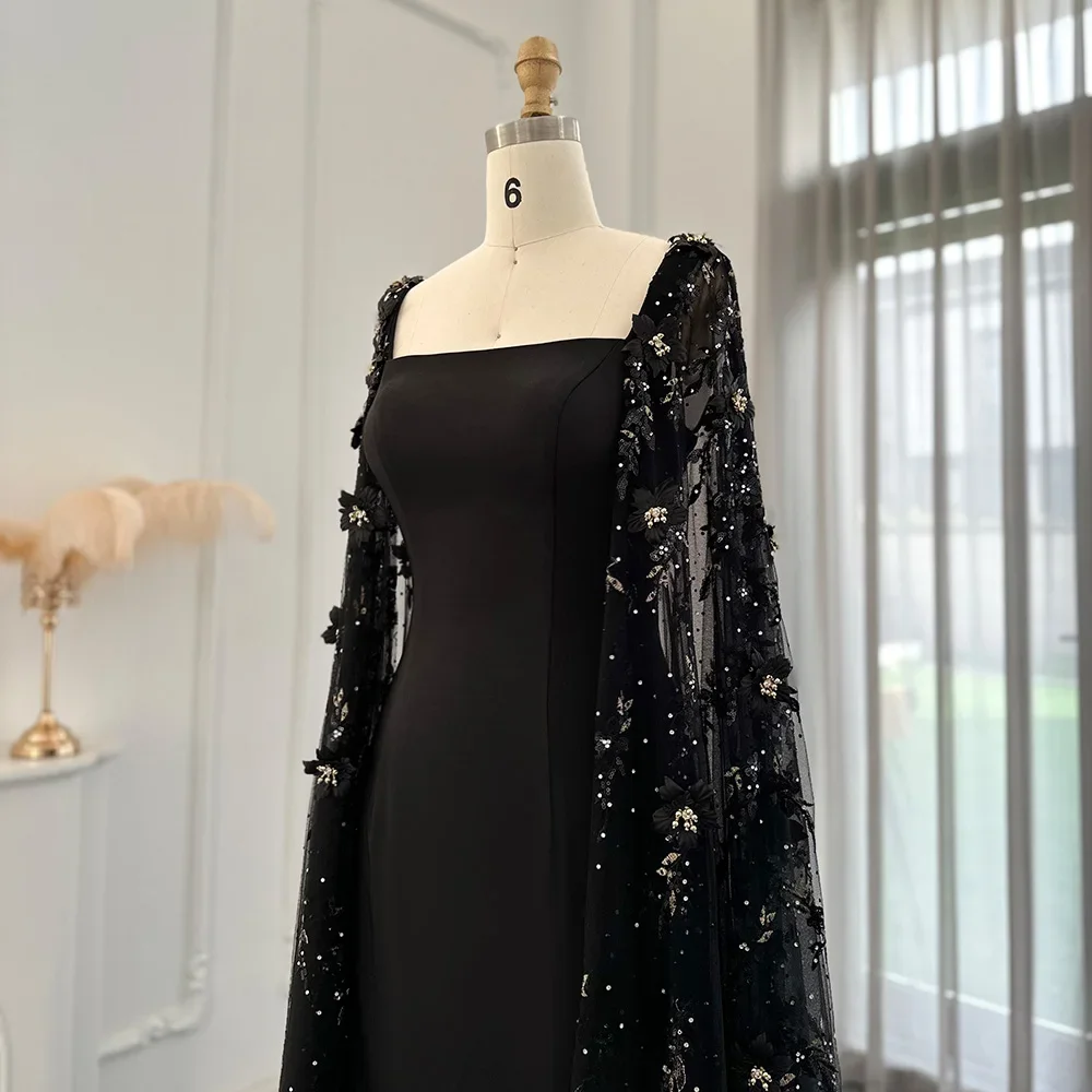 Luxury 3D Flowers Black Satin Evening Dress with Cape Sleeves Elegant Square Collar Sweep Train Women Formal Party Dresses