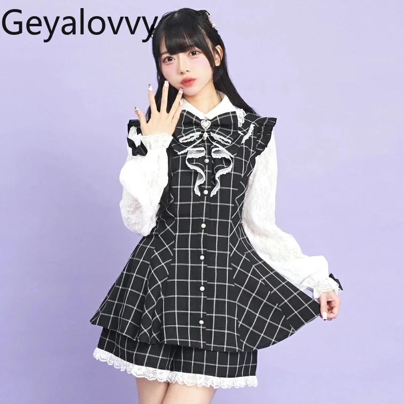 

Новый осенне-зимний костюм Лолиты в японском стиле, милый комплект для девочек с рюшами и большим бантом, утягивающее платье с длинными рукавами и шорты, комплект из двух предметов