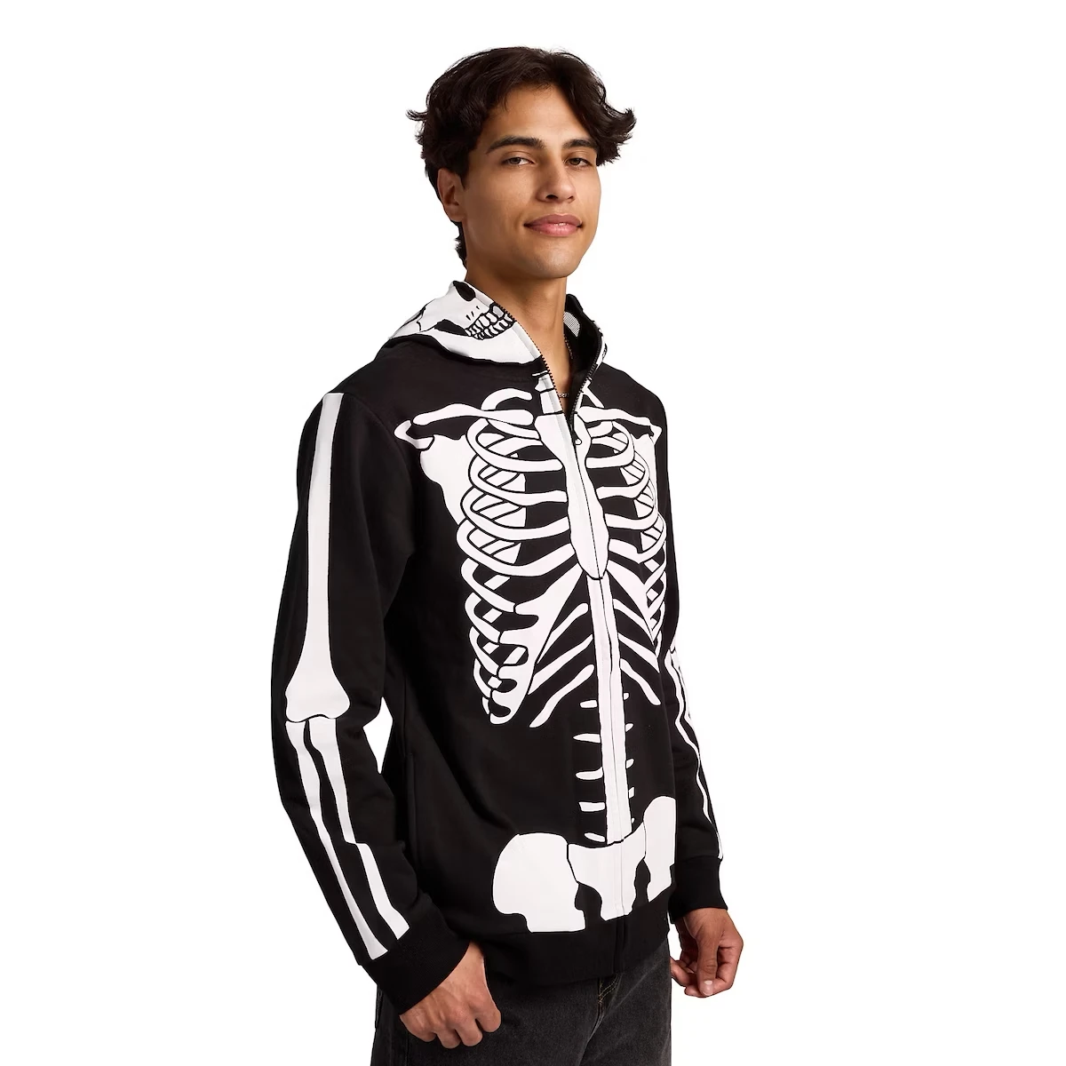Couple Hooded Sweatshirt Thin Fleece Zipper Face Cover Skeleton Design Dark Style Halloween Theme Chinese Brand Loose Fit Lon...