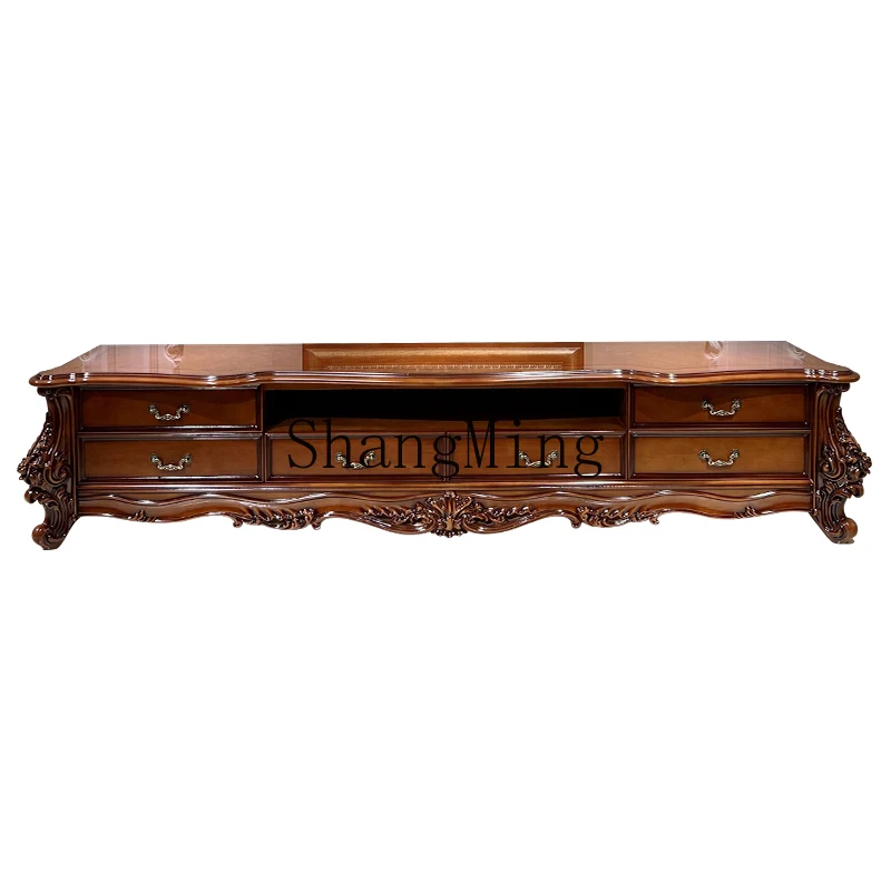 

LXY all solid wood TV cabinet retro carved paint villa luxury living room storage floor cabinet