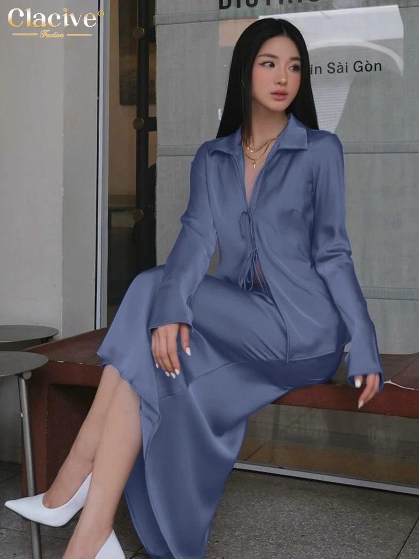 Clacive แฟชั่นหลวมสีฟ้าผู้หญิง 2 ชิ้นชุด 2025 เซ็กซี่เสื้อแขนยาวเอวสูงชุดกระโปรงยาวหญิง streetwear