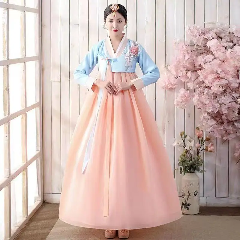 

Elegant 3D Floral Hanbok Women Traditional Korean Clothing Girls Carnival Stage Dance Tops Skirt 2Pieces Set Court Style Hanboks
