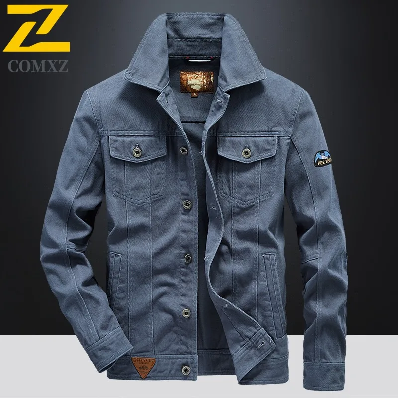 

COMXZ 2025 Мужская стираная куртка с воротником с лацканами, дизайнерская повседневная джинсовая куртка большого размера с длинными рукавами, весенняя модная теплая тактическая ветровка