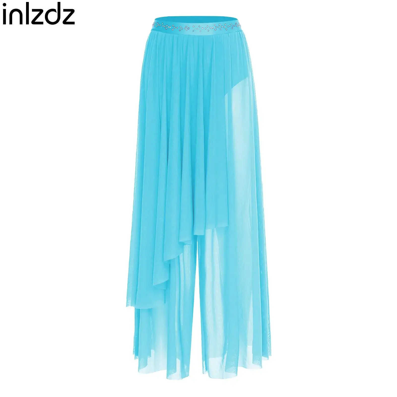 

Lyrical Jazz Dancewear Mesh Pants for Women Loose Leg Irregular Overlay Shiny Waistband Long Trousers Female Belly Dance Costume