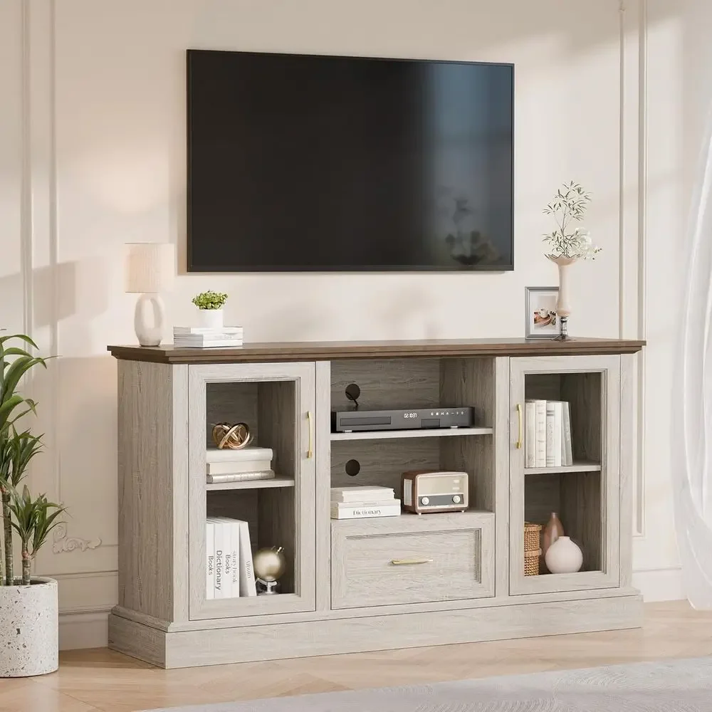 Modern TV Stand with Storage Cabinet and Glass Door for 75 Inch TVs, Ideal Entertainment Center for Living Room