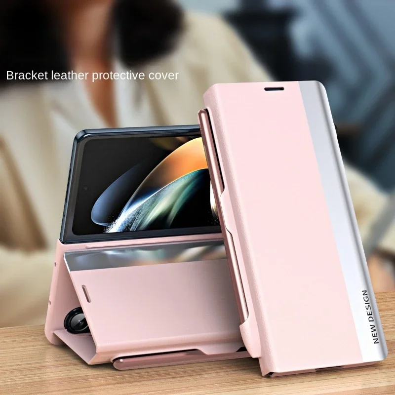 Leather Electroplating Holder Pen Slot Tape Phone Case for Samsung Galaxy Z Fold 6 5 4 3 Fold5 Fold4 Fold3 Magnetic Flip Cover