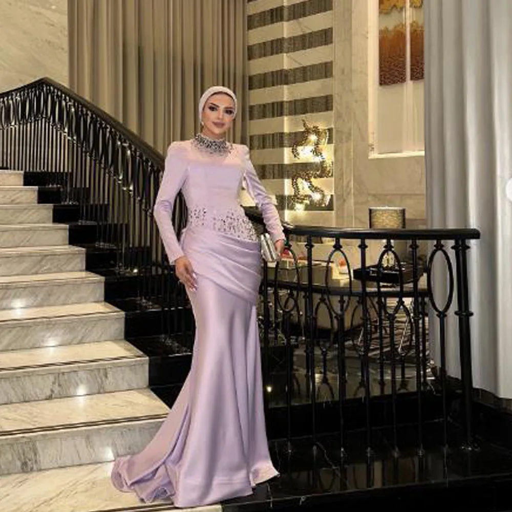 

Customized Crystal Abiye Evening Dress for Women Pleated Satin Mermaid Hijab Formal Gown Satin Formal Dress for Islamic Women