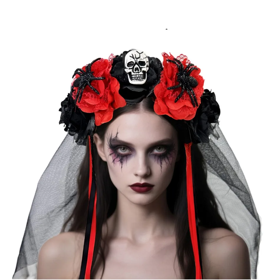 6pcs Girls Halloween Simulated Flower Rose Mesh Yarn Head Buckle Halloween Spider Skull Party Streamer Headband Headdress Woman