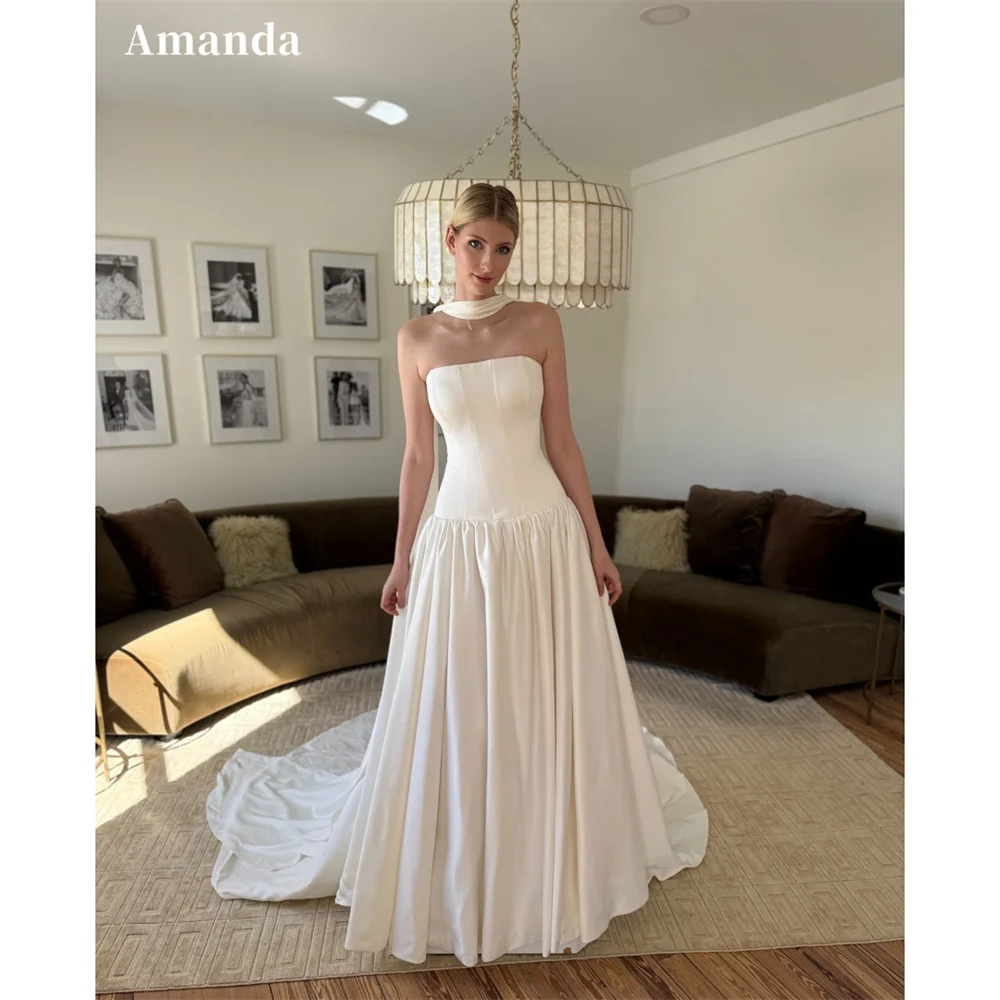 

Amanda Customized Halter Neck Satin Draped Wedding Dress Corset Sleeveless vestidos de noche Elegant Court Train Formal Evening