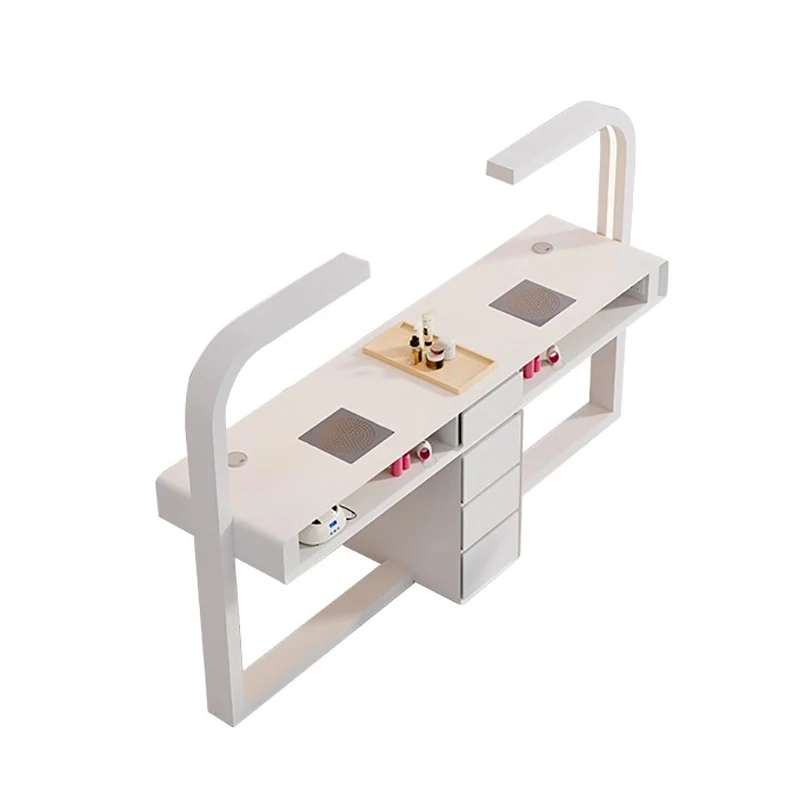 Cream Dust Collector Manicure Table With Lamp French Beauty Storage Nail Table Minimalist Aesthetic Table Ongle Salon Furniture