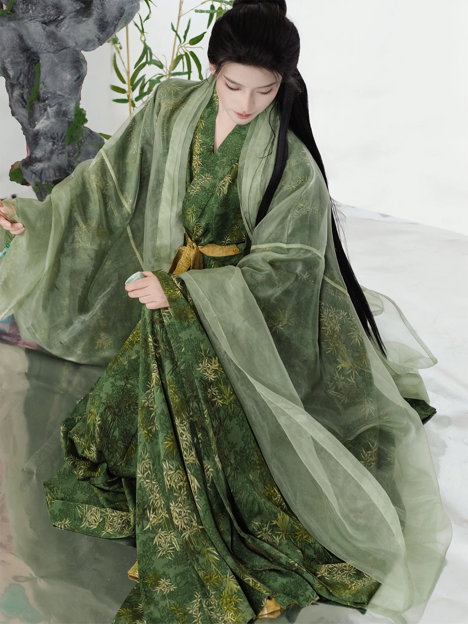 

een Song Dynas Sle Bamboo Jade Printed Hanfu Long irt Pants Set ex Polyester Fiber 8-25 Years Old Women's Faion