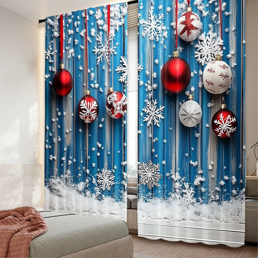 2D-Flachdruck 2 Stück Frohe Weihnachten Szene Vorhänge Urlaub Blau Weihnachtskugel Digital bedruckte Polyester-Vorhänge Party &