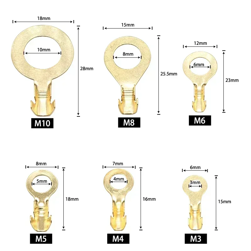 Boxed  Ring Crimp Terminals Electrical Wire Connectors M3 M4 M5 M6 M8 M10 Round Brass Ferrule Lugs For Quick Splicing Cables