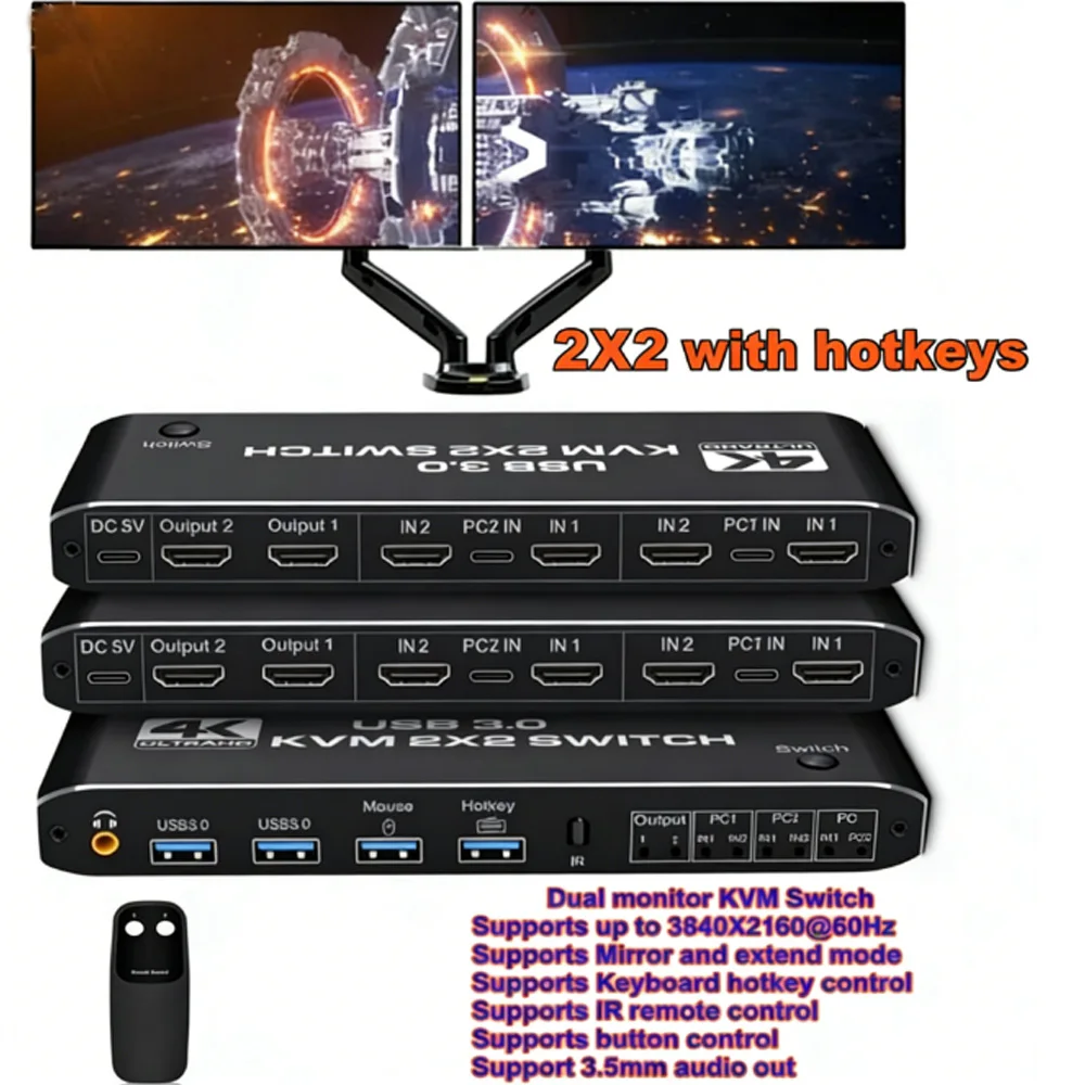 

2x2 Dual Display Ultra HD 4K visual enjoyment KVM Switch 2.0CH Audio Extractor Plug and play KVM USB Switch for 2 Computers Shar