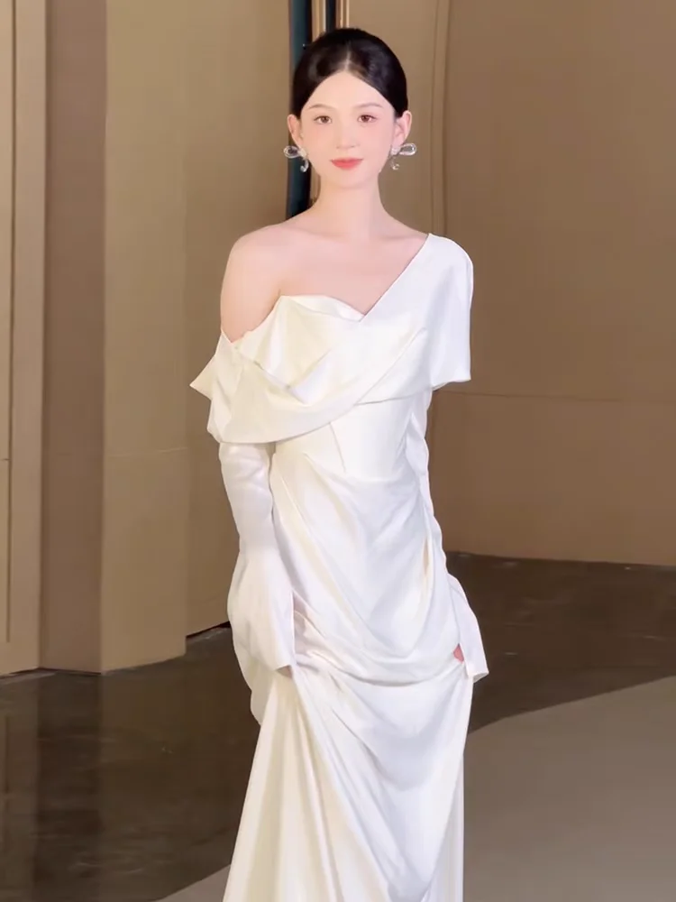 

Light Wedding Dr in Satin with One oulder Long Sve for Engagement Par Banquet And eeting Guest Evening Gown