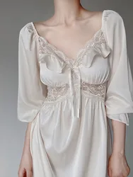 Chemise de nuit en dentelle française élégante pour femmes, pyjamas vintage, vêtements de nuit longs, vêtements de nuit à la mode, printemps et été