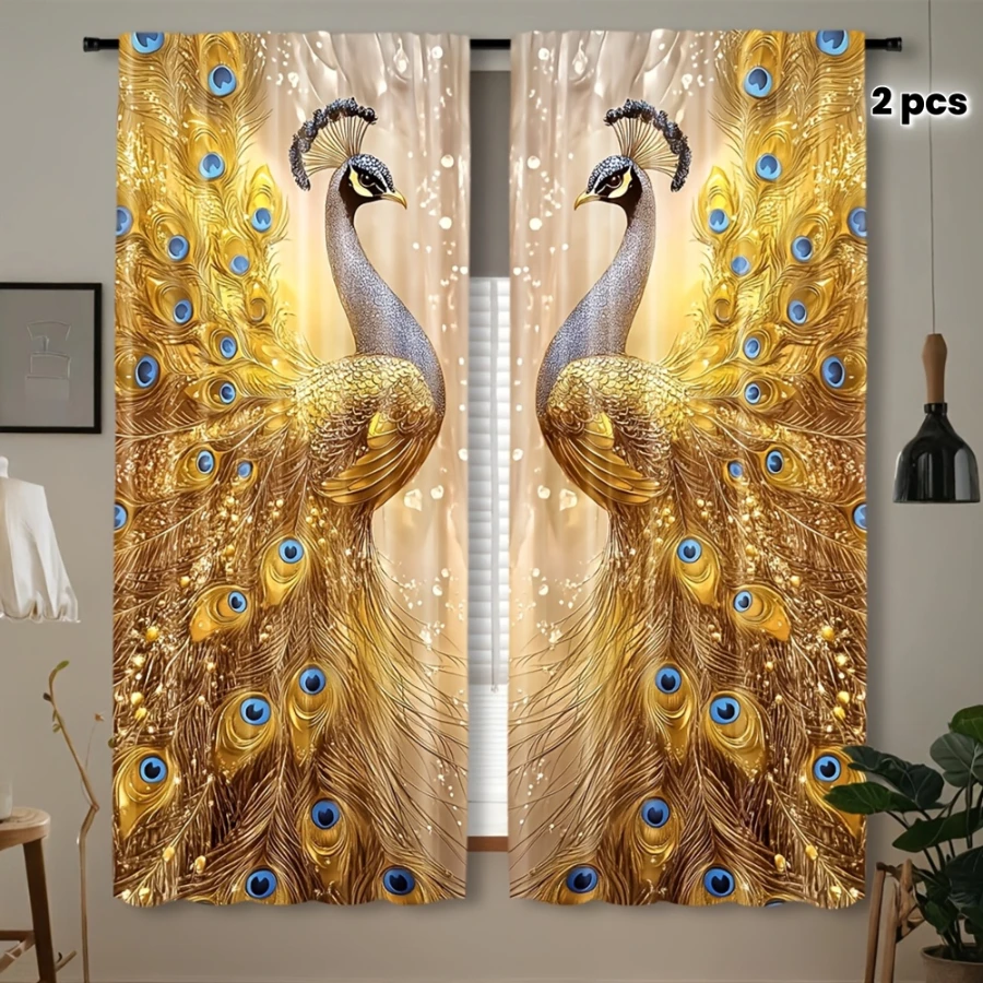 2PCS Digital Printed Curtains, Golden Feather Peacock Luxurious Exotic Bird, Home Decor Style for Living Room Bedroom Decor