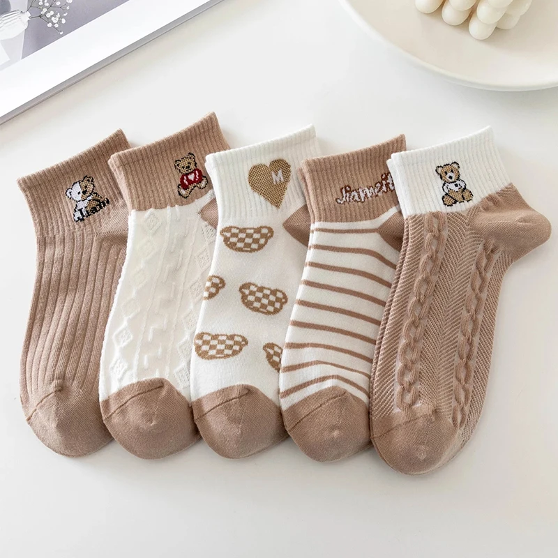 5 Pairs/Lot Socks Women's Short  Ankle Low Cut No-Show Foot Cute Bear Hearts Print  School Cotton  Breathable Set Casual Retro