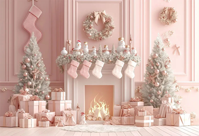 Mehofond Photography Backdrop Pink Christmas Fireplace Family Holiday Portrait White Toy Car Snowmen Gift Boxes Background Photo