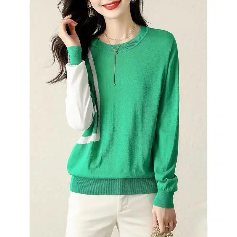 Spring Autumn New Patchwork O-neck Long Sleeve Knit Pullovers Women Clothing Fashion Elegant Loose Sweaters Casual Chic Y2k Tops