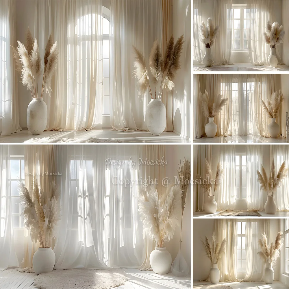 Wedding Photography Background Cream White Curtains Windows Boho Backdrop Woman Portrait Girl Birthday Photo Studio Photozone