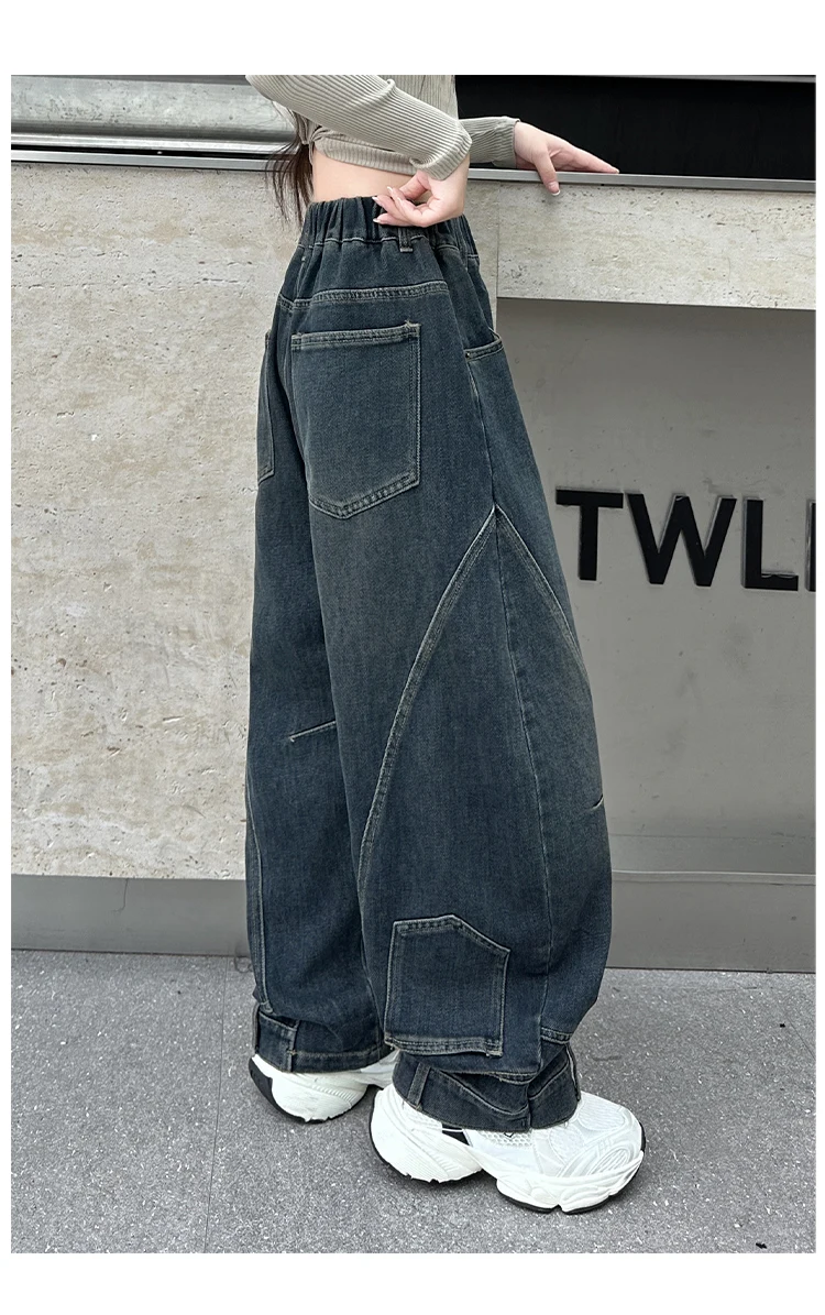 Neues Design Baggy Jeans für Mädchen, Herbst, locker, lässig, elastische Taille, Teenager-Kinder, weite Hosen, Streetwear, Kinderhosen – Detail 9