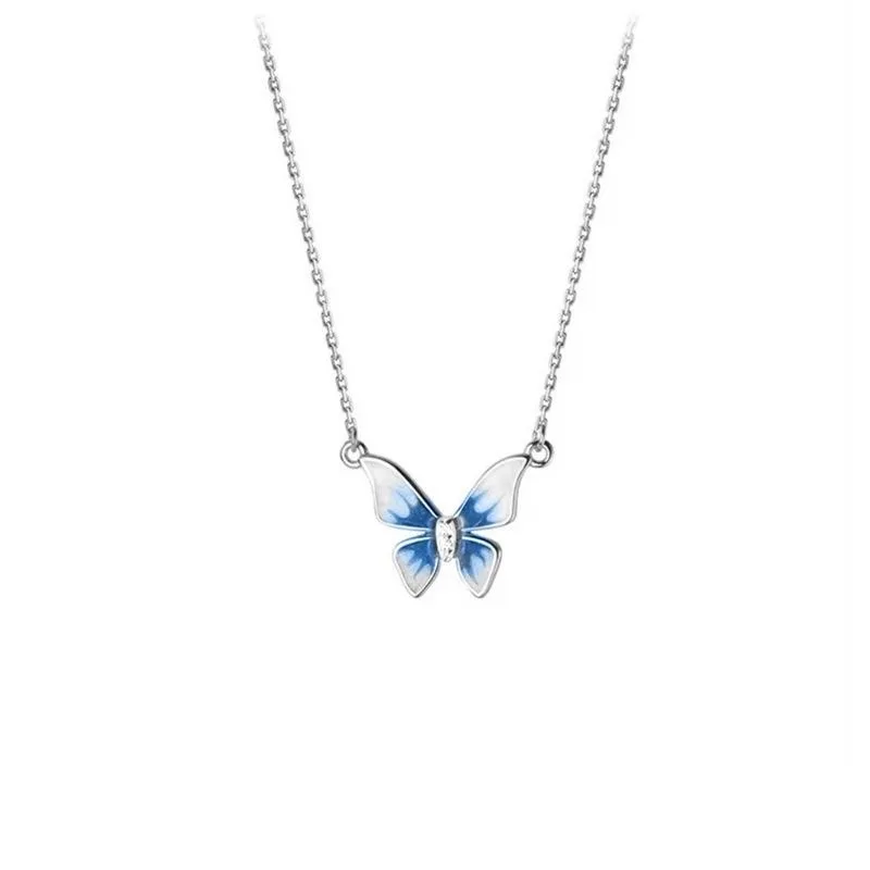 Enamel Gradient Blue Butterfly Necklaces for Women Minimalist Clavicular Chain Pendant Choker Necklace Fashion Jewelry Collares
