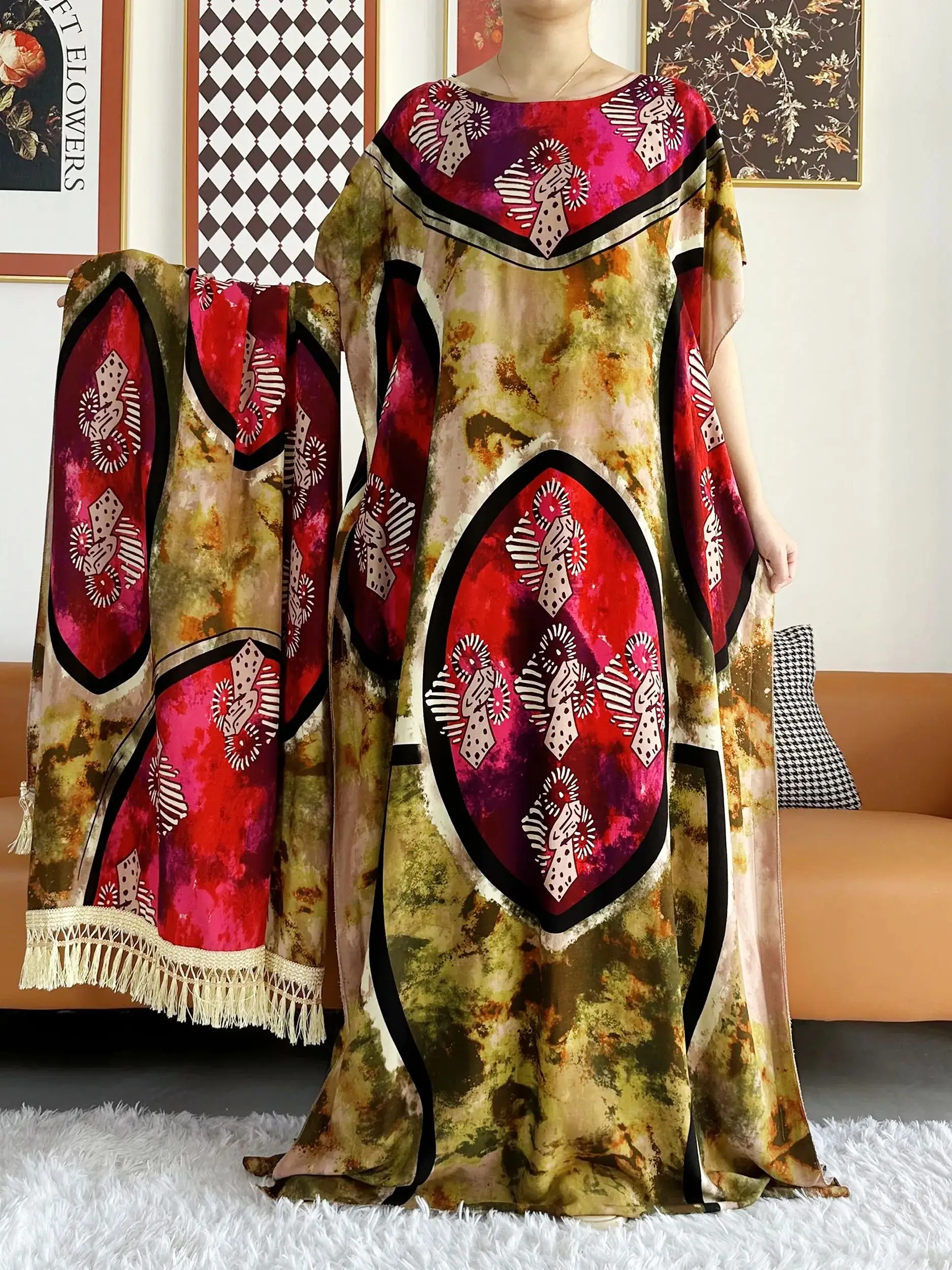 

2023 Summer African Short Sleeve 100% Cotton Dresses With Big Scarf Loose Printing Floral Boubou Maxi Islam Women Abaya Clothes