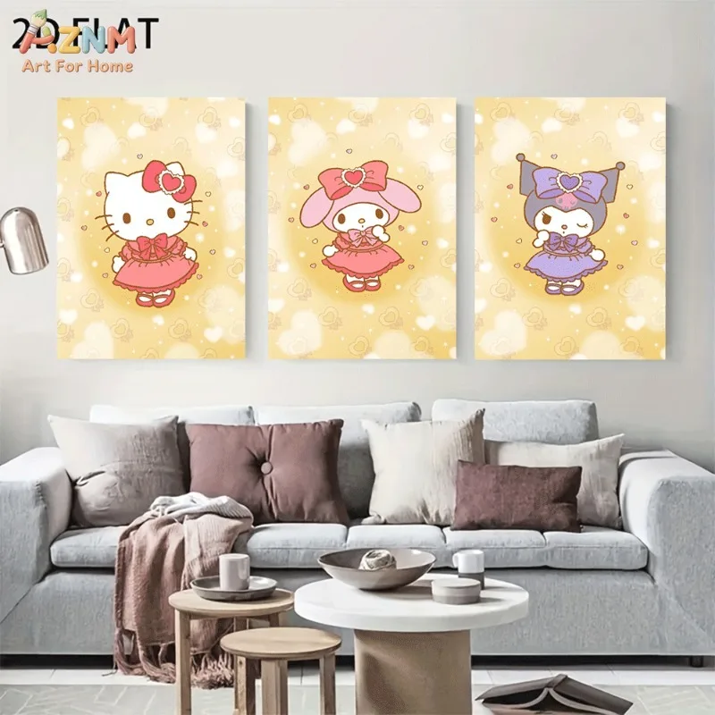 Unframed Sanrio Canvas Wall Art Hello Kitty My Melody Kuromi Cute Dress Cartoon Poster Girls Bedroom Decor Gift For Fans
