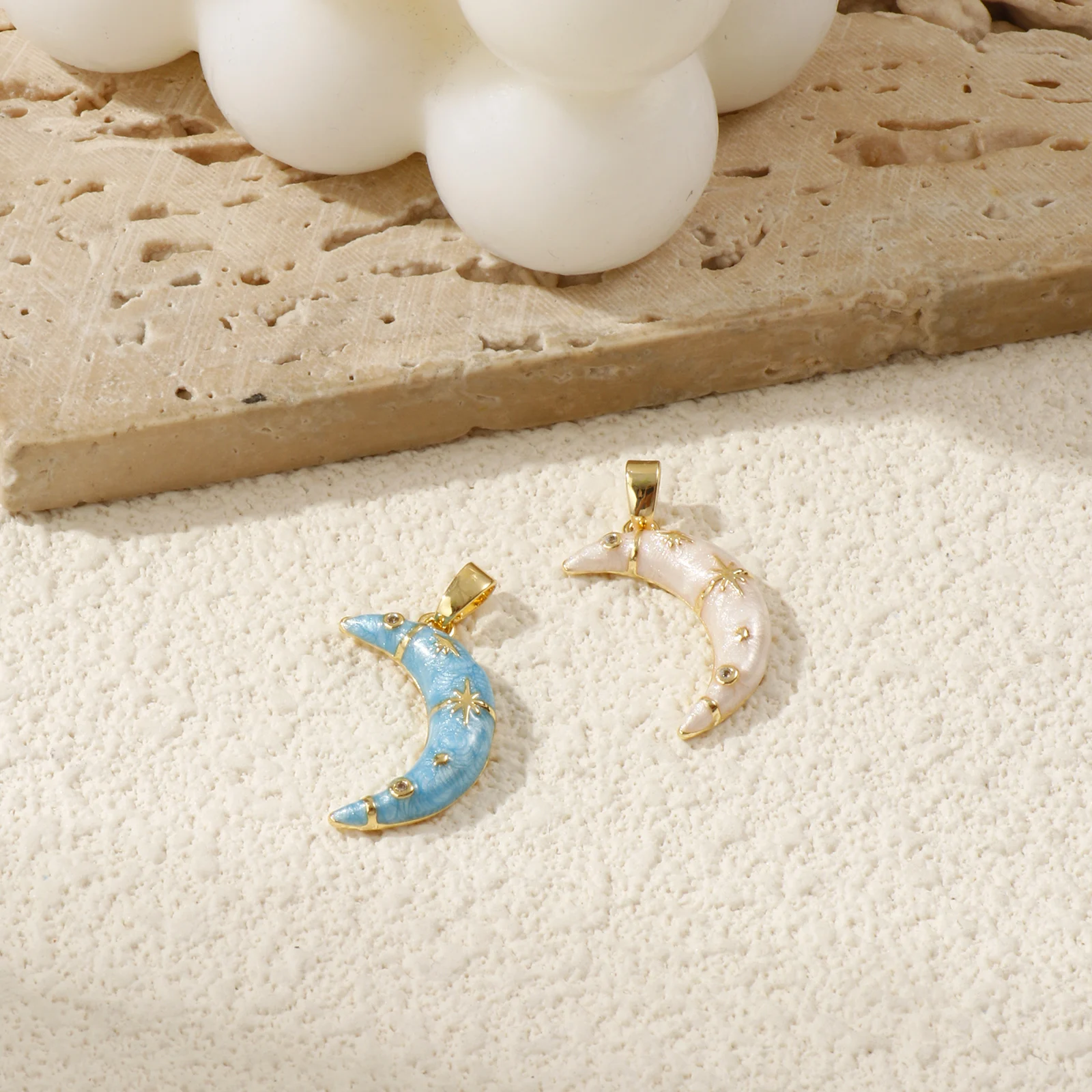 2 Pcs Brass Galaxy Charm 18K Gold Plated Enamel Half Moon Star Pearlized Clear Cubic Zirconia Pendant For Necklace DIY 24mmx12mm