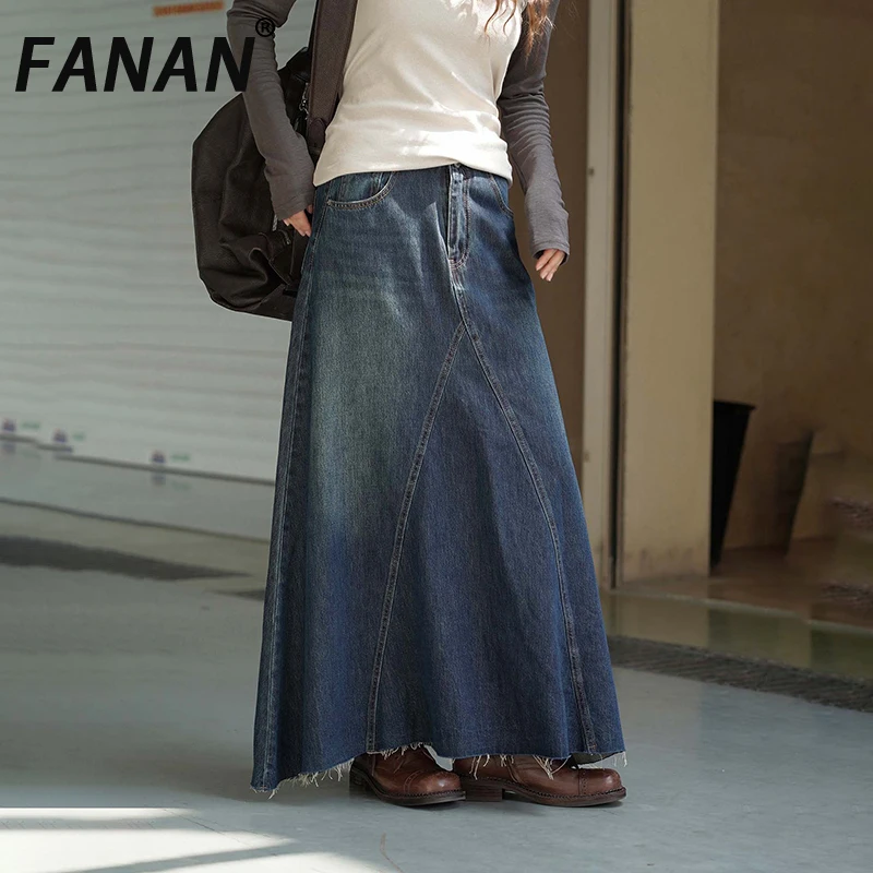 FANAN Spliced Design Washed Denim Skirts For Women High Waist A-line Mid-length Temperament Streetwear Skirt 2025 Autumn New