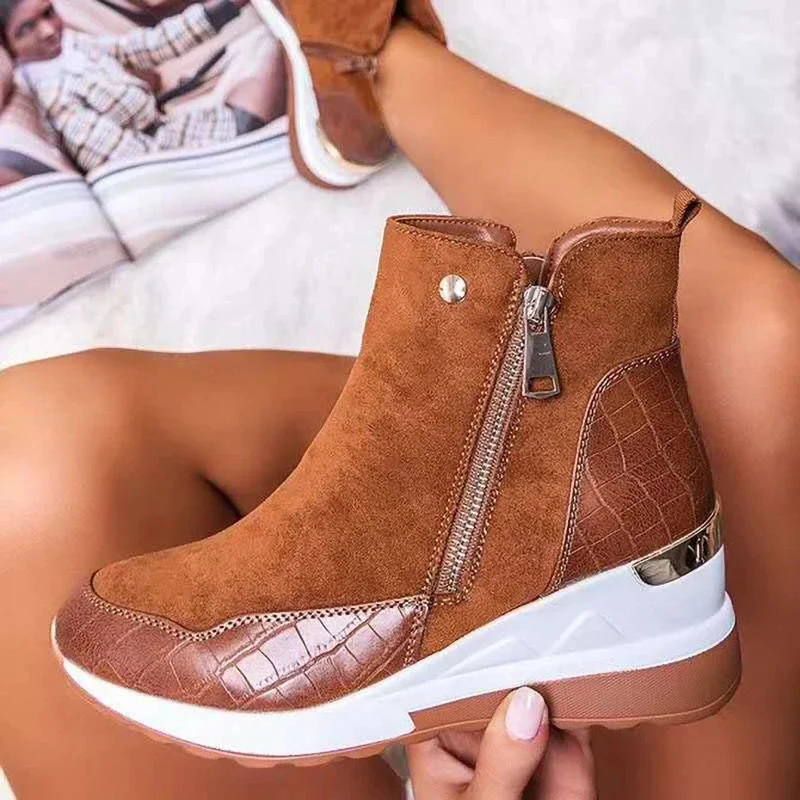 Damenstiefel Herbst Winter Neue Niedriggeschnittene Vulkanisierte Schuhe Dickbesohlte Keil- und Knöchelstiefel Reißverschluss-Sneaker Damenschuhe Übergrößen – Detail 6