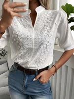 2024 Spring Embroidery Women Blouse Fashion Summer V-neck Lantern Sleeve White Shirt Woman Vintage Cotton Hollow-out Tops 24350 - Image 2