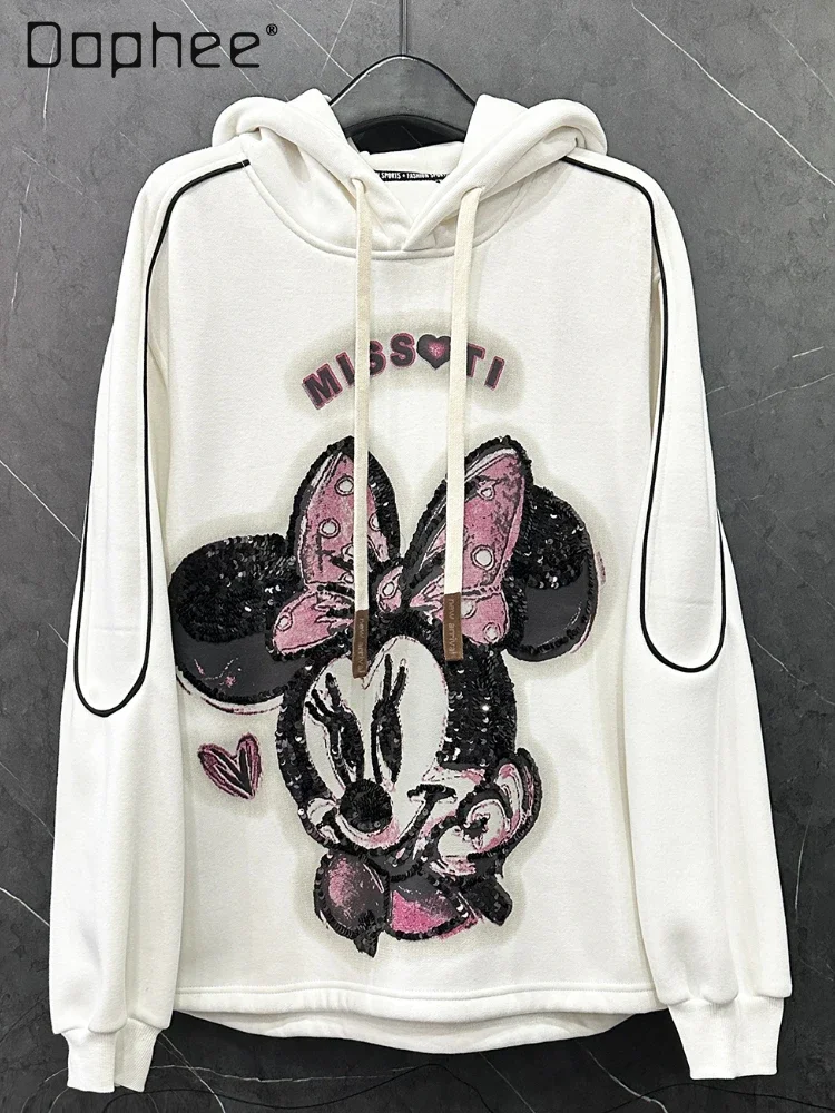 Korean Sweet Style Cartoon Printed Pullover Sweatshirt Women Spring Autumn Temperament Sequins Mid Length Hoodie Coated Female