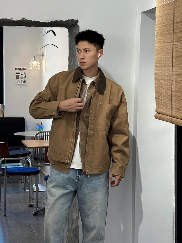 Khaki Barn Style Men's Short Jacket Spring Autumn Cotton Workwear Pure Cotton Plaid Collar Zipper Casual Outerwear
