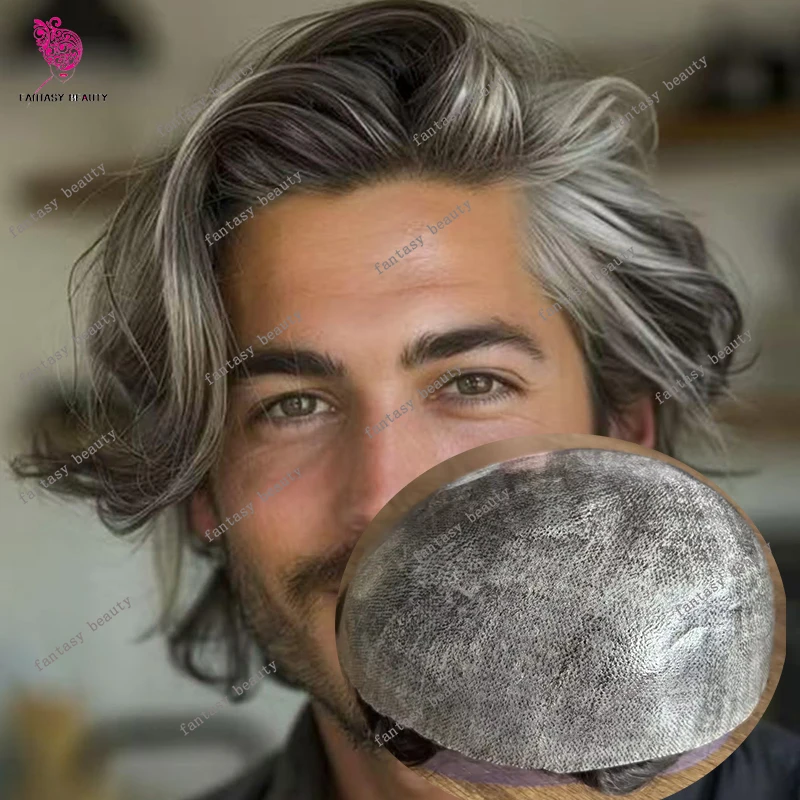 

Натуральный парик-протез для мужчин с естественной линией роста волос, 30 мм, волнистый/прямой, серый 1B65, из натуральных волос, с силиконовой основой, недорогой