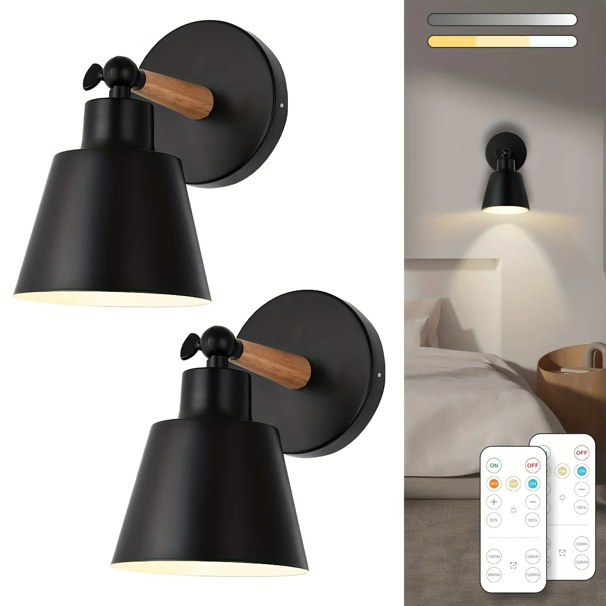 

Set of 2 Modern Battery- Wireless Remote Control Wall Sconces with Dimmable LED Lights & Auto Timer Suitable for Bedroom, Living Room, Hallway - Plug-and-Play, Easy Install, Battery Operated Lamp for Drywall